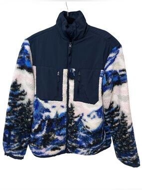 H&M Sherpa Fleece Jacket Mountain Print Blue Black Cozy Zip Up Size M